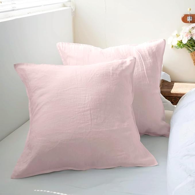 Simple&Opulence 100% Washed Linen Euro Shams 26'' x 26'' Pack of 2, Basic Style Solid Color Natural Flax Farmhouse Decorative Square Throw Pillow Covers for Bed Couch Sofa - Brush Pink