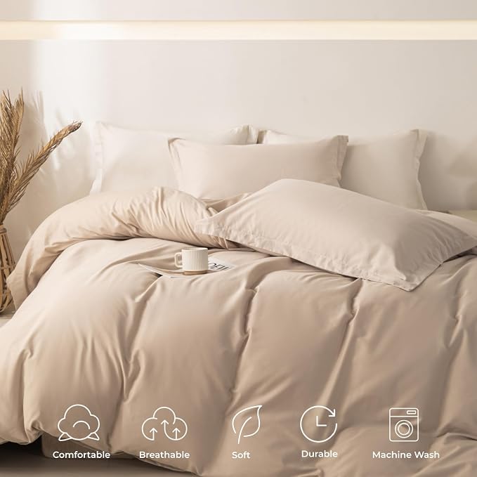 OAITE Duvet Cover Set 100% Washed Cotton Solid 3pcs | Soft,Durable,Long-staple Cotton,Hidden Zipper with 8 Interior Corner Ties,2 Pillowcases