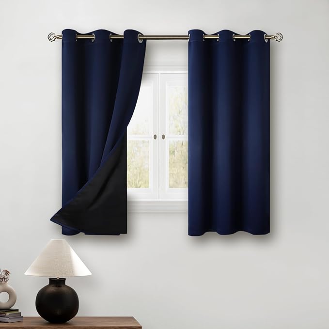 BGment Short 100% Blackout Curtains for Bedroom, Thermal Insulated Energy Efficiency Noise Reducing Grommet Curtains 54 Inch Length with Liner for Small Window 2 Panels Each 42 Inch Wide, Navy Blue