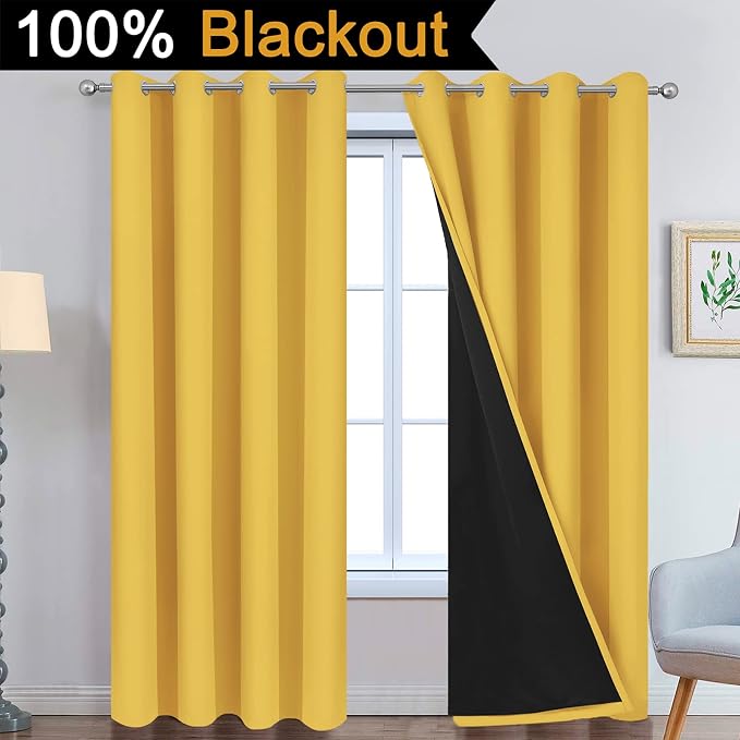 Yakamok Mustard Yellow Blackout Curtains Panels 84 Inches Long, 52" Wide | Blackout Curtain Panels for Bedroom, 2 Thick Layers Grommet Top Thermal Insulated Drapes with Black Liner for Living Room