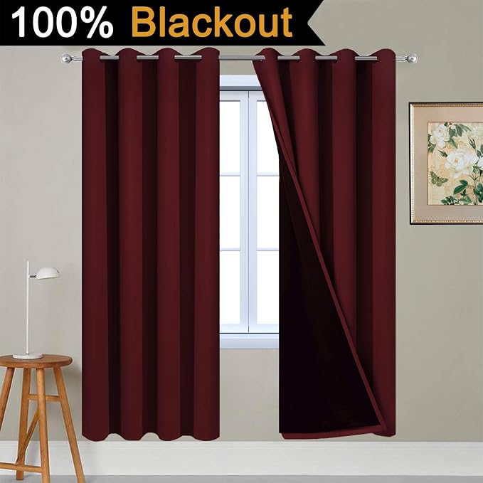 Yakamok Burgundy Red Blackout Curtains 72 Inches Long for Bedroom 52" Wide | Blackout Curtain Panels for Bedroom, 2 Thick Layers Grommet Top Thermal Insulated Drapes with Black Liner for Living Room