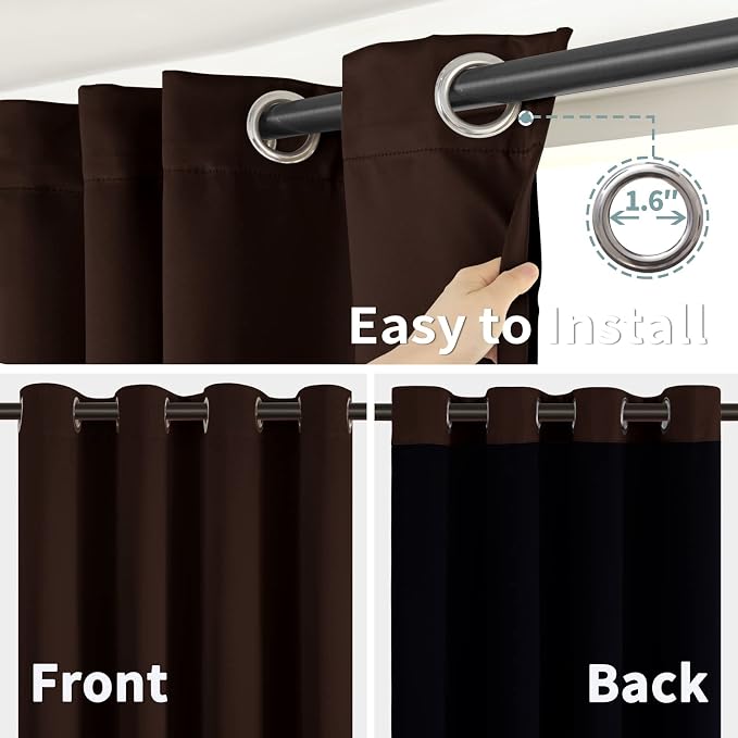 BGment Thermal Insulated 100% Blackout Curtains for Bedroom with Black Liner, Double Layer Full Room Darkening Noise Reducing Grommet Curtain (42 x 63 Inch, Brown, 2 Panels)
