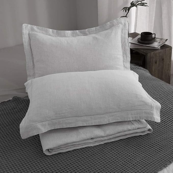 Simple&Opulence 100% Linen Duvet Cover Set with Embroidery Border Washed - 2 Pieces (1 Duvet Cover & 1 Pillow Sham) with Button Closure Soft Breathable Farmhouse - Light Grey, Twin Size