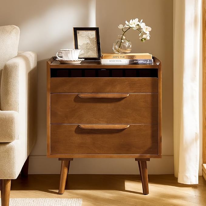 HULALA HOME 2-Drawer End Table with Charge Station, Acorn | Mid-Century Modern Style, Pull-Out Shelf, Wood Legs, Cable Management