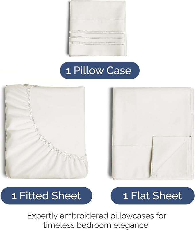 Twin XL Size 3 Piece Sheet Set - Soft & Cooling Bed Sheets - Antique White | Fits 8 Inch to 16 inch Mattress, Wrinkle Free & Fade Resistant with Deep Pockets, Breathable, Comfy Hotel Luxury Bedding