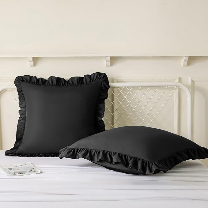 KKJIAF 2 Pack Ruffle Pillow Cases 18x18 Inches, Black | Square Ruffled Pillow Covers, Microfiber Wrinkle Resistant Pillow Shams with Envelope Closure for Sofa Bed Living Room