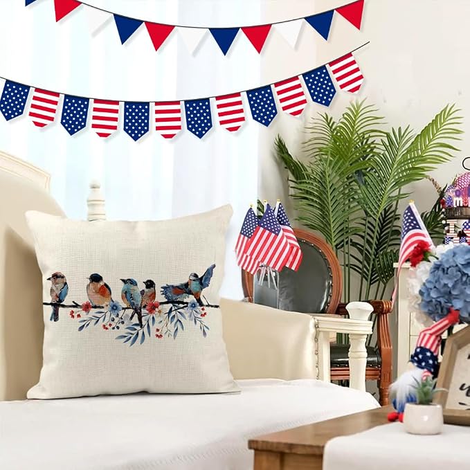 RABUSOFA 4th of July Memorial Day Patriotic Throw Pillow Cover,18x18 Inch Red White and Blue Birds Flowers Independence Day American Fourth of July Decoration for Sofa Couch