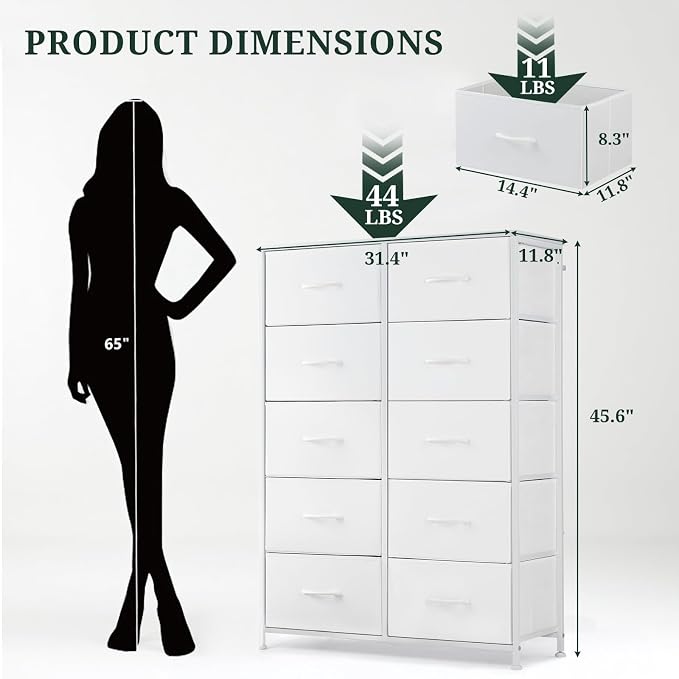 10-Drawer Dresser for Bedroom, Anti-Tip Tall Storage Organizer | Chest of Drawers with Wooden Top and Metal Frame Fabric Bins for Closet, Living Room, Hallway, Entryway, White