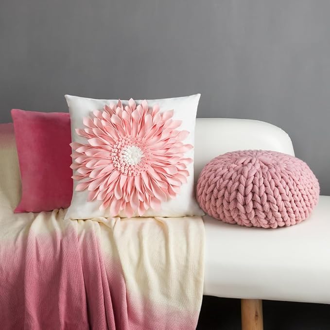 OiseauVoler 3D Sunflower Handmade Throw Pillow Covers Decorative Pink Pillowcases for Couch Girls Bed Living Room Home Decor 18x18 Inches