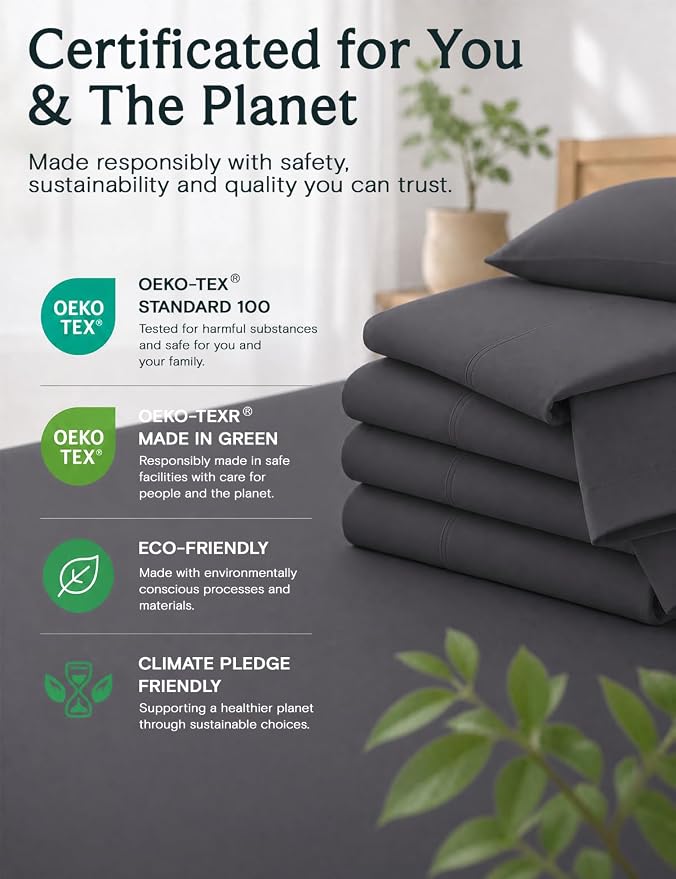 LuxClub 4 PC Queen Sheet Set, Deep Pockets Wrinkle Free Cooling Bed Sheets Hotel Bedding for Women, Men, Includes 1 Fitted Sheet, 1 Flat Sheet and 2 Pillowcases-Dark Grey | LuxClub Silky Fitted Sheet & Pillowcase Sets, Breathable Hotel Luxury Bedding f...