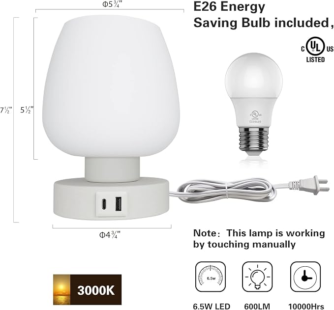 Touch Bedside Table Lamp Set of 2 - Modern Nightstand with USB-C&A Charging, 3-Way Dimmable LED Desk Lamp, White Opal Glass Shade