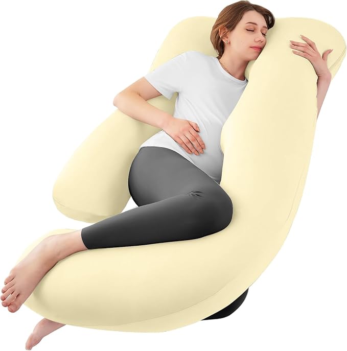Cooling Pregnancy Pillows for Sleeping, 65'' Full Body Pillow, Light Yellow | Sasttie Maternity Pillow, OEKO-TEX, Down Alternative, Removable Cover, Pregnant Women Must Haves, Maternity Essential