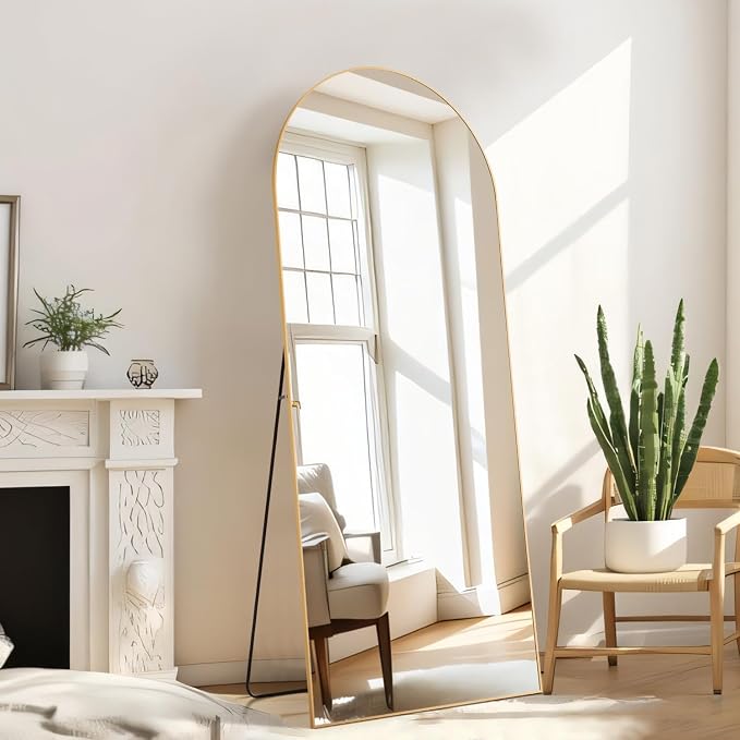 21"x64" Arched Mirror Full Length, Upgraded Body Wall Mirrors | Shatter-Proof Glass, Floor Standing, Hanging or Leaning, Tall Mirror with Stand Aluminum Alloy Frame for Bedroom, Gold