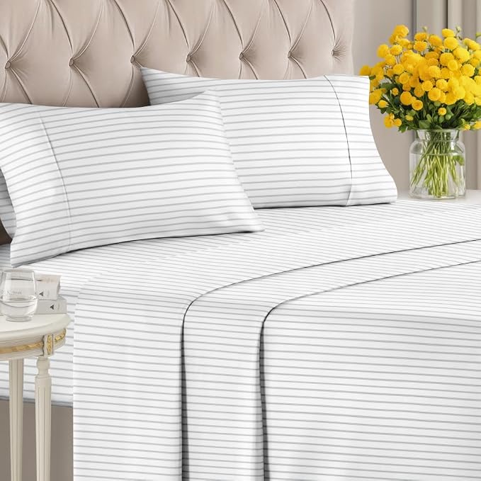 King 4 Piece Striped Sheet Set - Soft, Breathable & Cooling - Misty Stripes | 1 Flat, 1 Fitted & 2 Pillowcases w/ Deep Pockets, Luxury Striped Bedding, Soft, Breathable & Cooling, Wrinkle & Fade Free