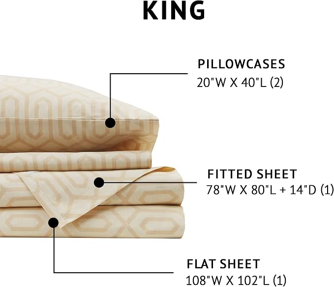 Comfort Spaces 100% Cotton Percale Sheets King Sheet Set 4 Pcs, Diamond Tan | Crisp, Cool & Breathable Bed Sheets, 14" Deep Pocket Fits Up to 16" Mattress, Lightweight, All Season Cozy, with Pillow Case