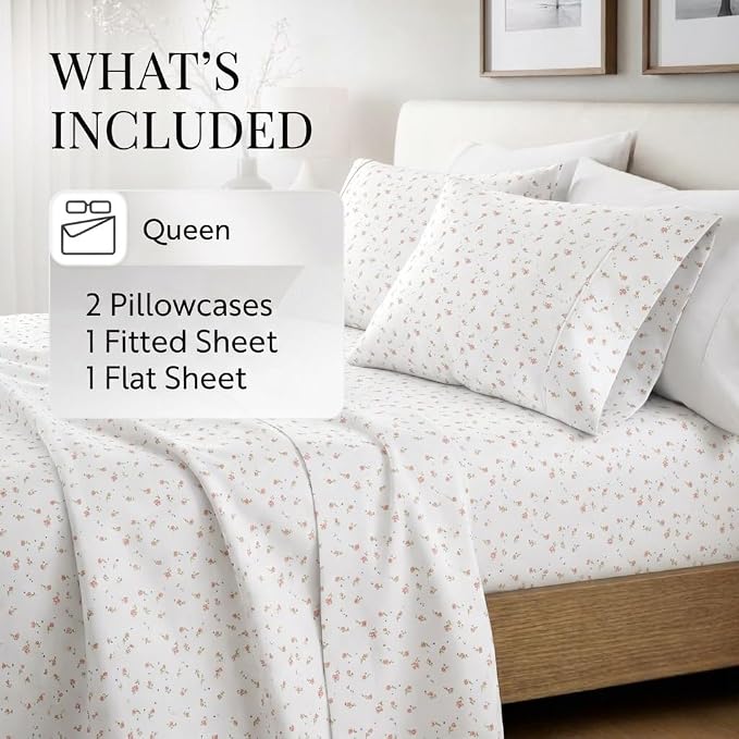 Linen Market 4 Piece Queen Sheet Set - Breathable, Double-Brushed Patterned Cooling Sheets – Oeko-TEX Certified Ultra Soft & Wrinkle-Free 16" Deep-Pocket Queen Sheets - Easy Care Soft Floral Pink