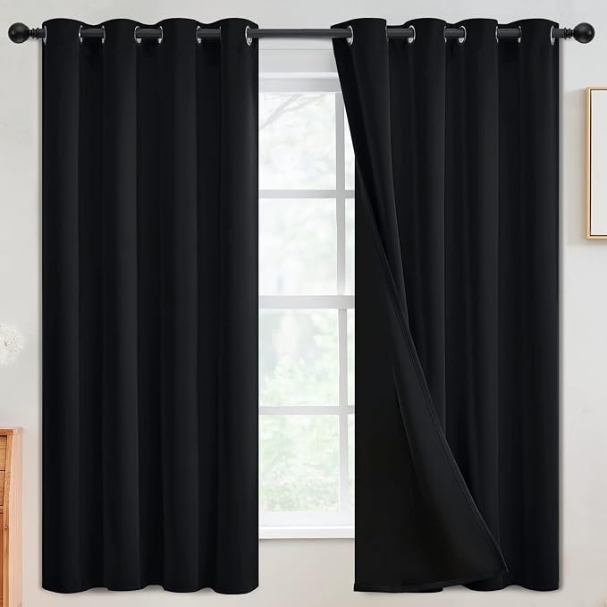 SimpleHome Black 100% Blackout Curtains Room Darkening Living Room 63 Inch | Curtains for Bedroom,Thermal Insulated Grommet Window Drapes,Curtains for Living Room with Black Back,52 x 63 Inch,2 Panels