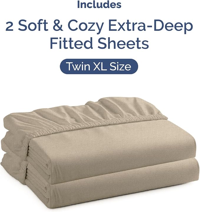2 Pack Extra Deep Twin XL Fitted Sheets with Deep Pockets - Heathered Beige | Hotel Luxury Bottom Fitted Sheets Only, Soft, Fade & Wrinkle Free, Breathable & Comfy, All Around Elastic Fitted Sheets