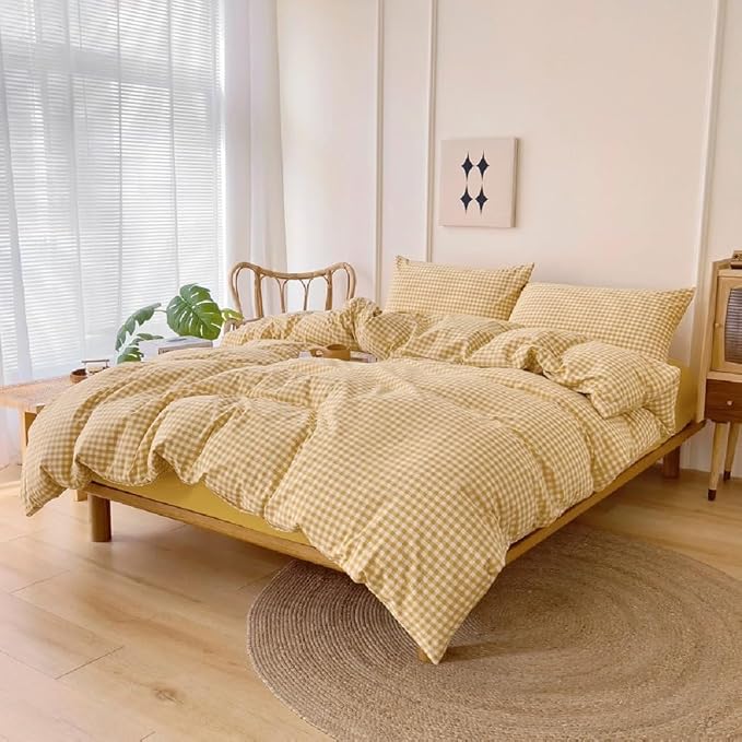 LifeTB Queen Comforter Set Modern Style Yellow Gingham Comforter Geometric Plaid Printed Bedding Comforter with 2 Pillow Shams Fluffy Lightweight Gingham Bedding Grid Checkered Comforter Set