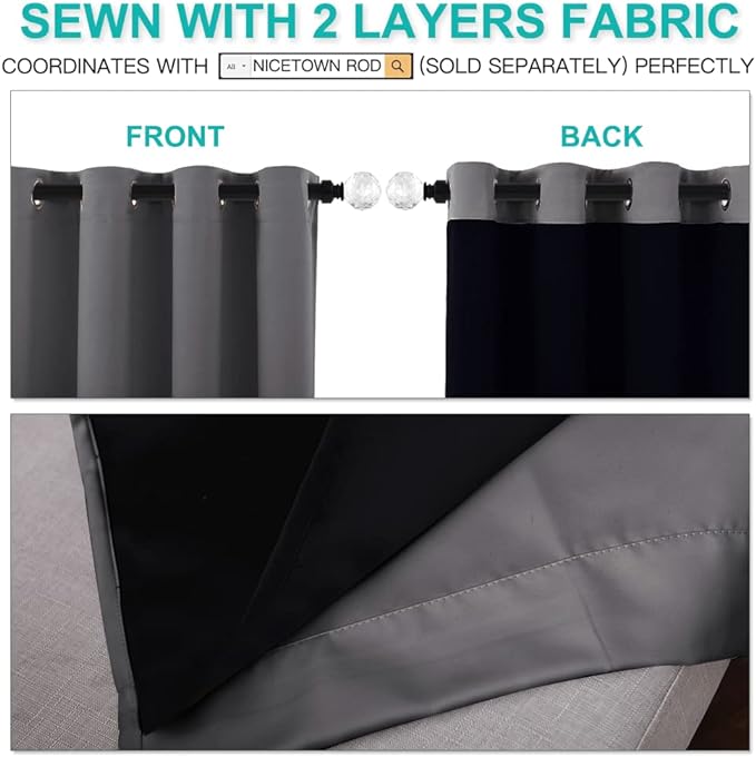 NICETOWN Gray Blackout Curtains for Hall 52" Wide x 95" Long 2 Panels | Total Shade Heavy-Duty Full Light Shading Drapes with Black Liner Backing for Villa Dorm Window, Room Darkening Privacy Decor