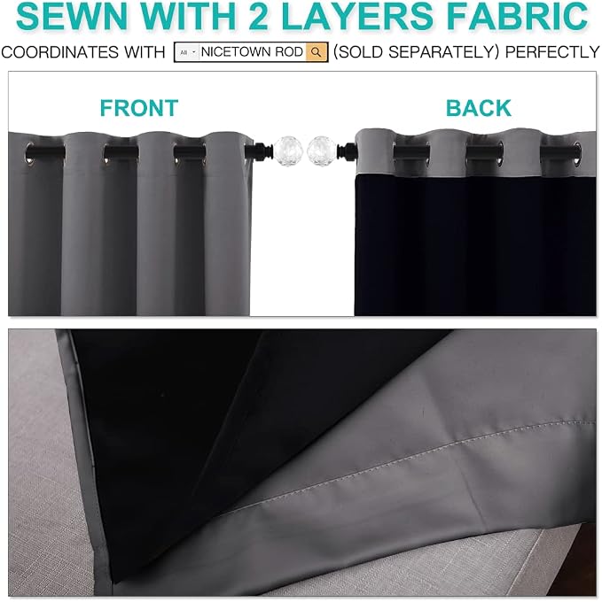 NICETOWN 100% Blackout Curtains with Black Liners, Thermal Insulated Full Blackout 2-Layer Lined Drapes, Energy Efficiency Window Draperies for Bedroom (Grey, 2 Panels, 62-inch W by 63-inch L) | 100% Room Darkening with Black Liners Thermal Insulated F...
