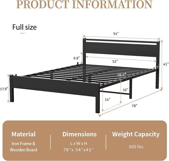 Easy Install 16 Inch Queen Size Bed Frame with Headboard&Footboard | Large Under Bed Storage, No Box Spring Needed, Non-Slip Without Noise, Sturdy Steel Frame, Mattress Foundation, Black