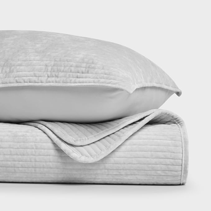 EverGrace Striped Channel Velvet Quilt Set, Queen Size, Frost Gray | Luxurious Soft Lightweight Velvet Comforter, Oversized Bedspread Coverlet, Quilted Bedding Set for All Season, with 2 Shams