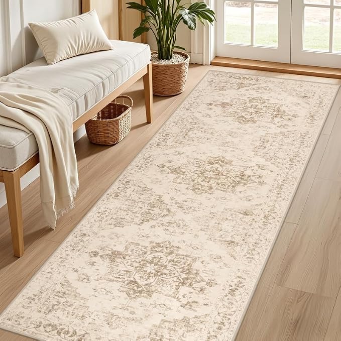 2'6''x8' Hallway Washable Runner Rug: Kitchen Carpet Beige/Ivory | Vintage Boho Soft Small Indoor Decor Floor Non-Slip Low Pile Neutral Farmhouse Entryway Laundry Bathroom Bedroom Beside Rugs