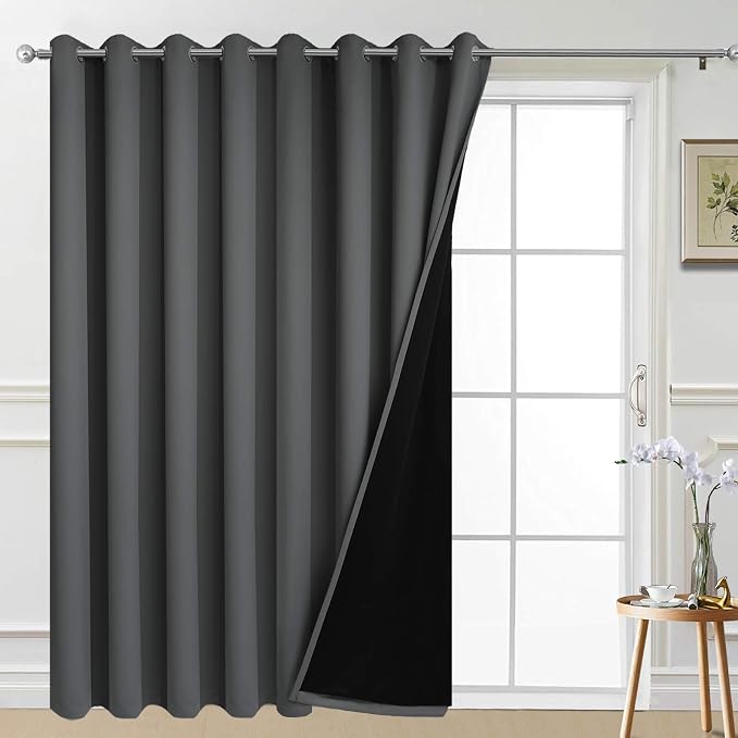 Yakamok Dark Grey Blackout Patio Door Curtain Panels W100 x L96, 1 Panel | Noise Reducing Barrier Panel for Sliding Glass Door, 2 Thick Layers Heat Full Light Blocking Patio Door Drapery