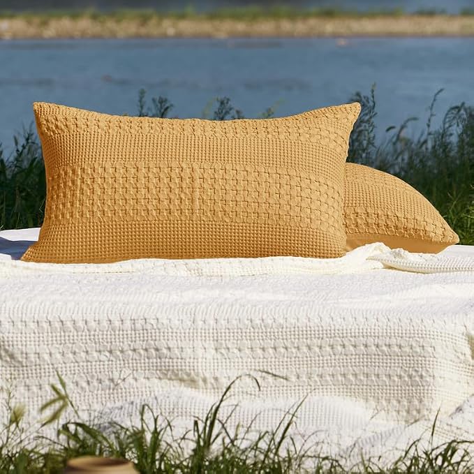 PHF 100% Cotton Waffle Pillow Shams King Size, 2 Pack 20" x 36" Soft Skin-Friendly Pillowcases, No Filling, Aesthetic Woven and Breathable Waffle Weave Pillow Case Covers for Bed, Pumpkin Orange