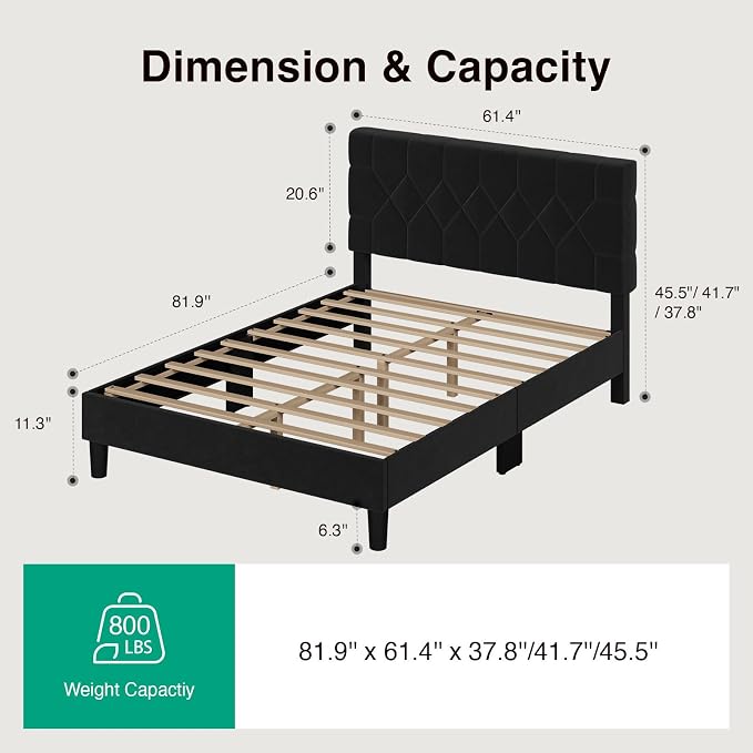Novilla Queen Bed Frame with Headboard, Bed Frame Queen Size with Wood Slats Support, Velvet Upholstered Pull-Point Headboard, No Box Spring Needed, Heavy Duty Feet, Easy Assembly, Black Velvet