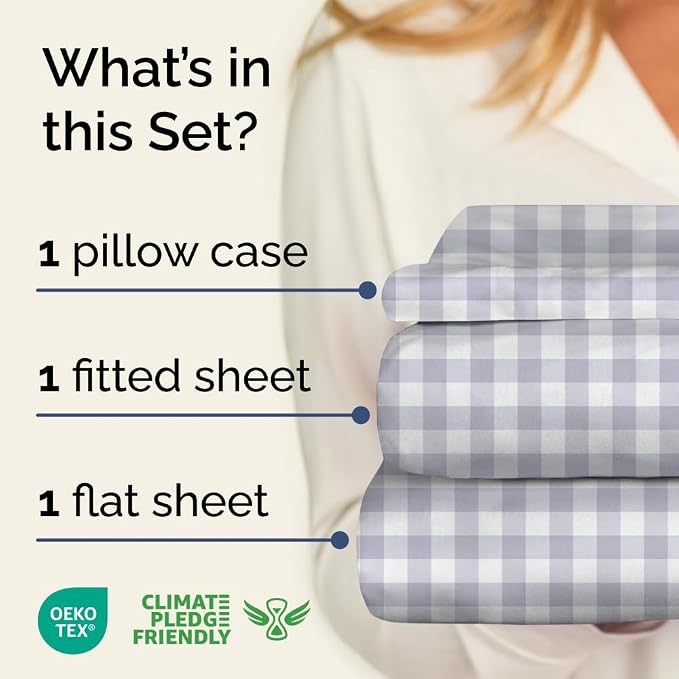 Twin XL 3 Piece Striped Sheet Set - Breathable & Cooling - Grey Gingham | 1 Flat, 1 Fitted & 1 Pillowcase w/ Deep Pockets, Luxury Striped Bedding, Soft, Breathable & Cooling, Wrinkle & Fade Free