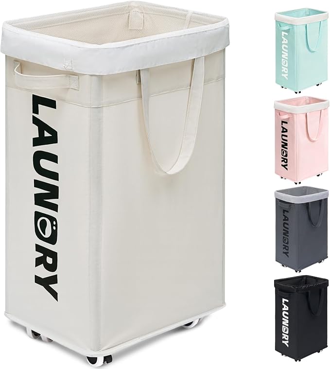 Goodpick 75L Laudnry Basket with Wheels & Removable Wash Bag for Dorm | Rolling Clothes Hamper with Handles for Dirty Clothes, Fodable Laundry Basketr for Dorm Room White