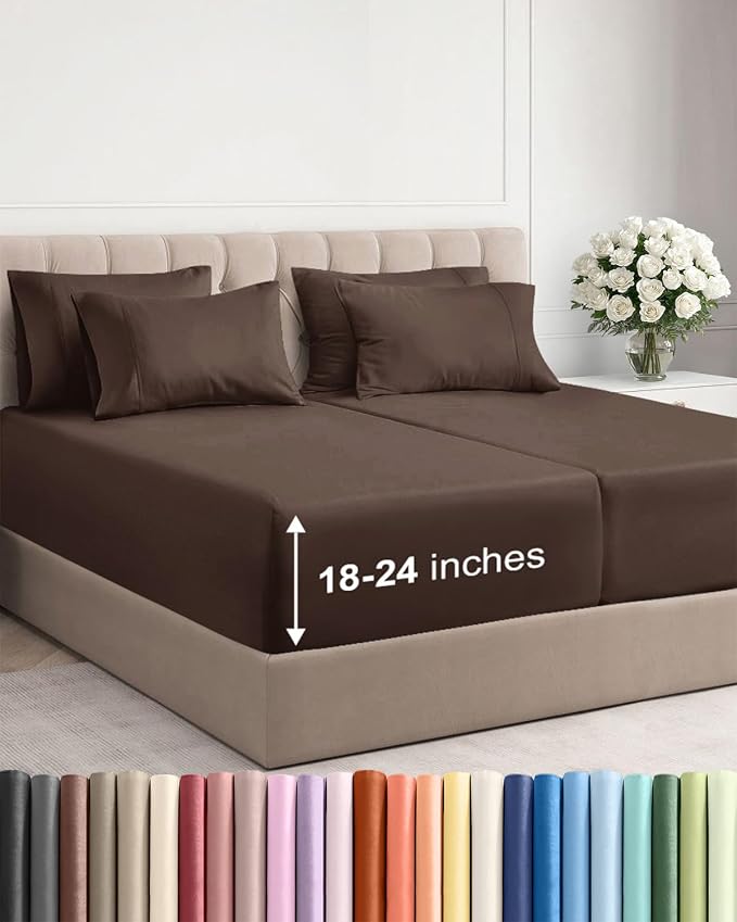 Extra Deep Split King Sheet Set - 7 Piece Breathable Cooling Sheets - Brown | Hotel Luxury Bed Sheets Set, Easy & Secure Fit, Ultra-Soft, Wrinkle & Fade Free, Comfy Sheets Set with Extra Deep Pockets