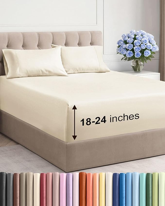 Extra Deep Queen Sheet Set - 4 Piece Breathable Cooling Sheets - Off White | Easily Fits 18 to 24 inch Mattress - Ultra Soft, Wrinkle & Fade Free with Extra Deep Pockets - Comfy Hotel Luxury Bedding