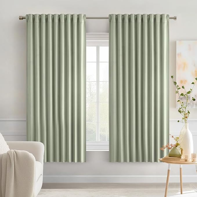 MIULEE Sage Green Back Tab Blackout Curtains 52x63 Inches Long 2 Panels Set | Rod Pocket Pinch Pleated, Thermal Insulated, Room Darkening, Light Blocking, Privacy Curtains for Living Room Bedroom