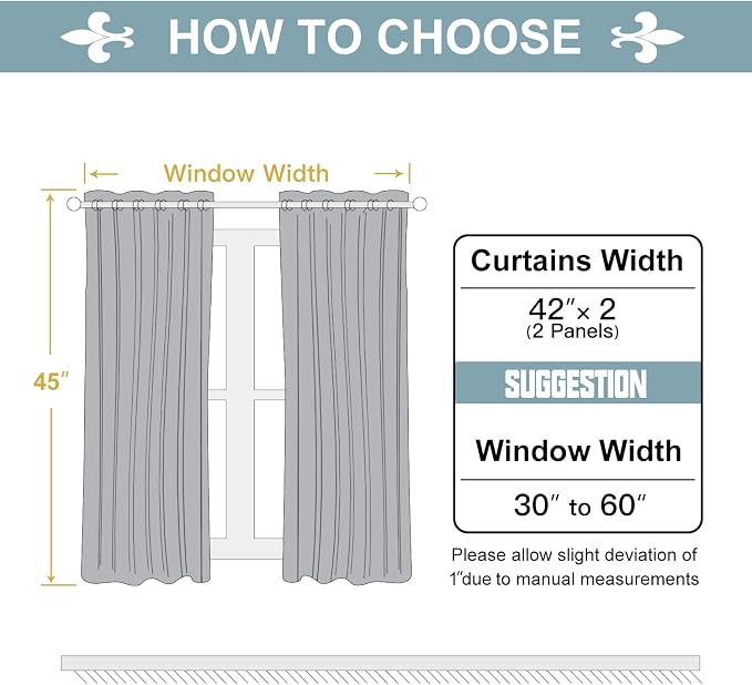 ChrisDowa 100% Blackout Curtains for Bedroom 45 Inch Long with Black Liner | 2 Thick Layers, Thermal Insulated, Grommet, Window Treatment, Living Room Drapes, 2 Panels Set, Light Grey, 42 x 45 Inch