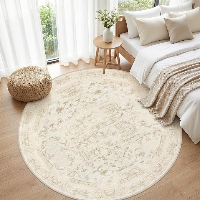 Round Area Rug Living Room: 8ft Washable Carpet Beige/Brown | Vintage Boho Circle Soft Large Circular Carpet Bedroom Nursery Neutral Dining Room Indoor Decor Floor Non-Slip Under Table