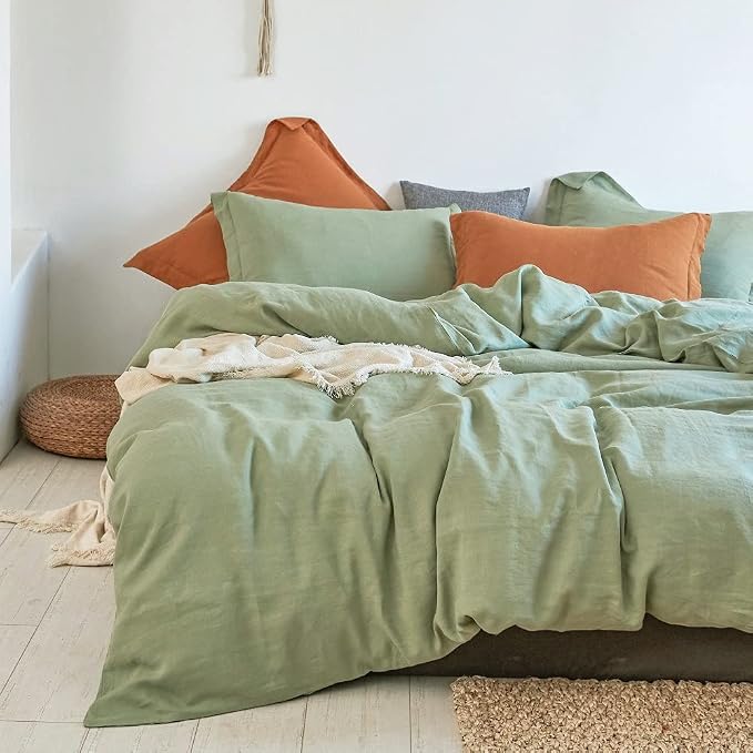 Simple&Opulence 100% Linen Duvet Cover Set 3pcs Basic Style Natural French Washed Flax Solid Color Soft Breathable Farmhouse Bedding with Button Closure - Sage Green, Queen