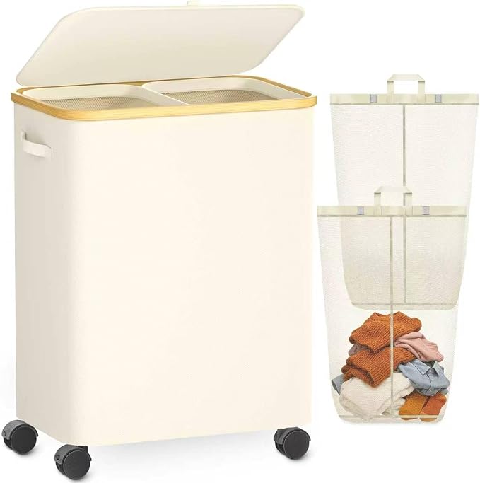 Double Laundry Basket with Wheels and Lid, 150L Clothes Hampers for Laundry | Large Laundry Hamper with 2 Sections & Removable Liner Bags, Rolling Dirty Clothes Basket for Bedroom Bathroom Dorm College