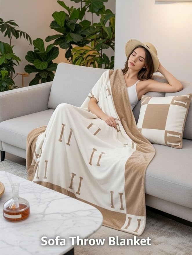 Fcteap h Blanket Soft Throw Blanket Faux Fleece Cashmere Plaid Warm Shawl Thick Knitted Plush Cozy Comfy for Women Throw Blanket for Sofa Couch Bed Queen King Size 55x66 in (Khaki-2)