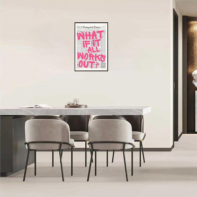 Drimiler Retro Newspaper Pink Font Poster What If It All Works Out Canvas Wall Art Positive Affirming Quote Minimalist Prints Painting For Home Bedroom Dorm Wall Decor 24x36in Framed