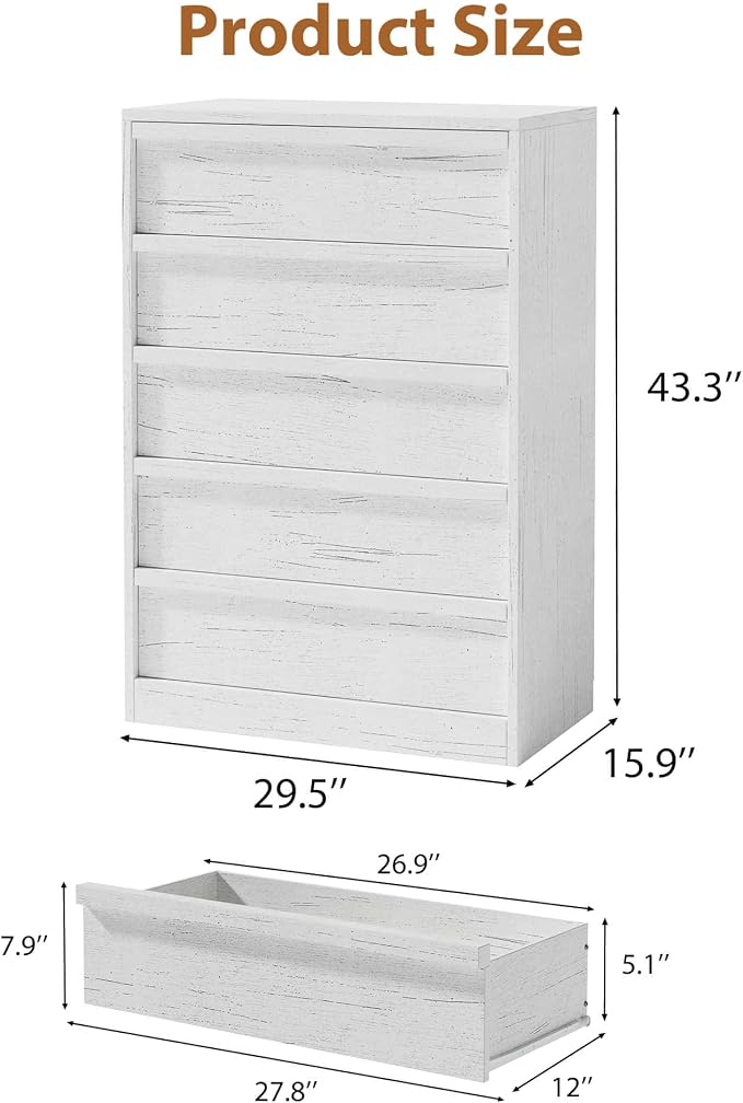 Garvee 5 Dresser for Bedroom, 43.3" Tall Dresser, Freestanding Horizontal Drawer with Storage, Wooden Closet Chest Storage for Living Room, Hallway, Entryway, White
