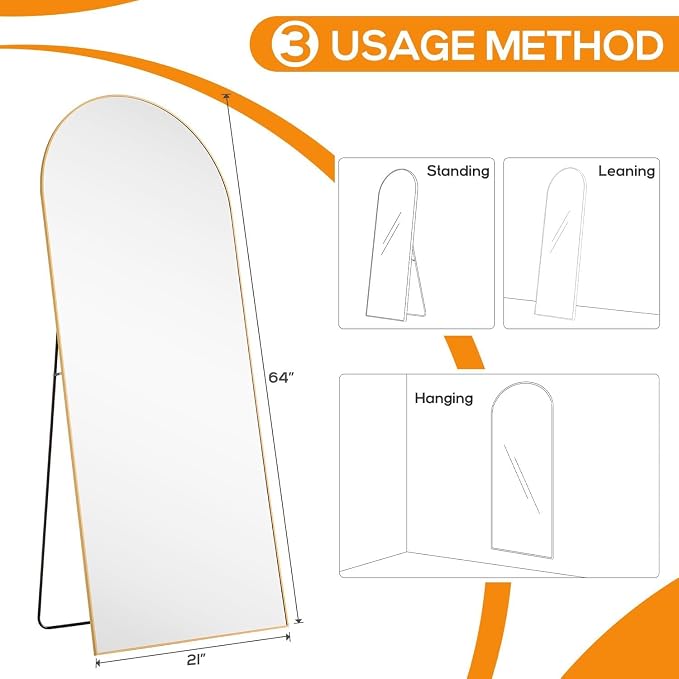 21"x64" Arched Mirror Full Length, Upgraded Body Wall Mirrors | Shatter-Proof Glass, Floor Standing, Hanging or Leaning, Tall Mirror with Stand Aluminum Alloy Frame for Bedroom, Gold
