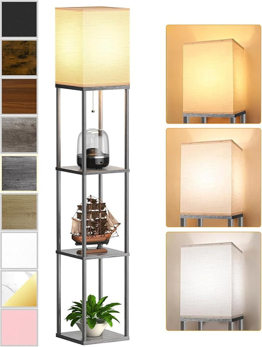 Floor Lamp with Shelves for Living Room, Shelf Floor Lamp with 3 CCT LED Bulb, Corner Display Standing Column Lamp Etagere Organizer Tower Nightstand with White Linen Shade for Bedroom, Dark Gray