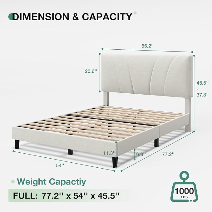 Novilla Full Size Bed Frame with Headboard, Full Bed Frame with Wooden Slats Support, Velvet Upholstered Headboard, No Box Spring Needed, Heavy Duty Feet, Easy Assembly, White Velvet