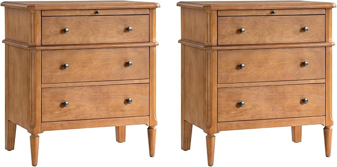 HULALA HOME 30 Inches Side Table with Charging Station, Set of 2, Teak | Spindle Legs, Hidden Drawer, Pull-Out Tray, Built-In Outlet, Chamfered Edges, Adjustable Feet, Transitional Style