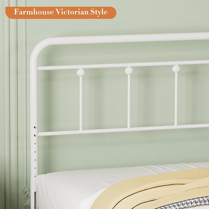 Victorian Metal Queen Size Headboard, Adjustable Height, White | Sturdy Steel Queen Head Board Only for Bedroom, Bed Frame Brackets Adapter, Farmhouse Vintage Style, Easy Assembly