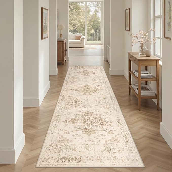 2'6''x8' Hallway Washable Runner Rug: Kitchen Carpet Beige/Ivory | Vintage Boho Soft Small Indoor Decor Floor Non-Slip Low Pile Neutral Farmhouse Entryway Laundry Bathroom Bedroom Beside Rugs