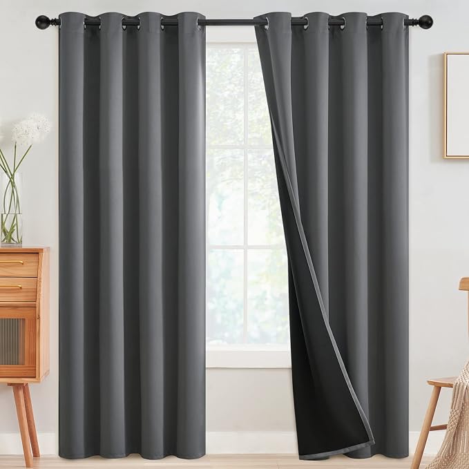 SimpleHome Grey 100% Blackout Curtains Room Darkening Living Room 84 Inch | Curtains for Bedroom,Thermal Insulated Grommet Window Drapes,Curtains for Living Room with Black Back,52 x 84 Inch,2 Panels
